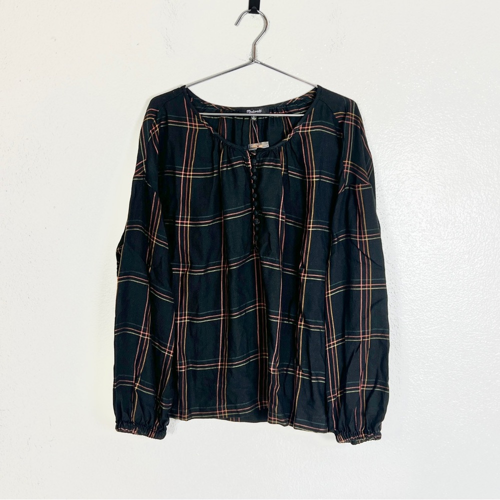 NWT Madewell Shirred Peasant Windowpane Plaid Print Blouse Wool Blend Top - Picture 2 of 6
